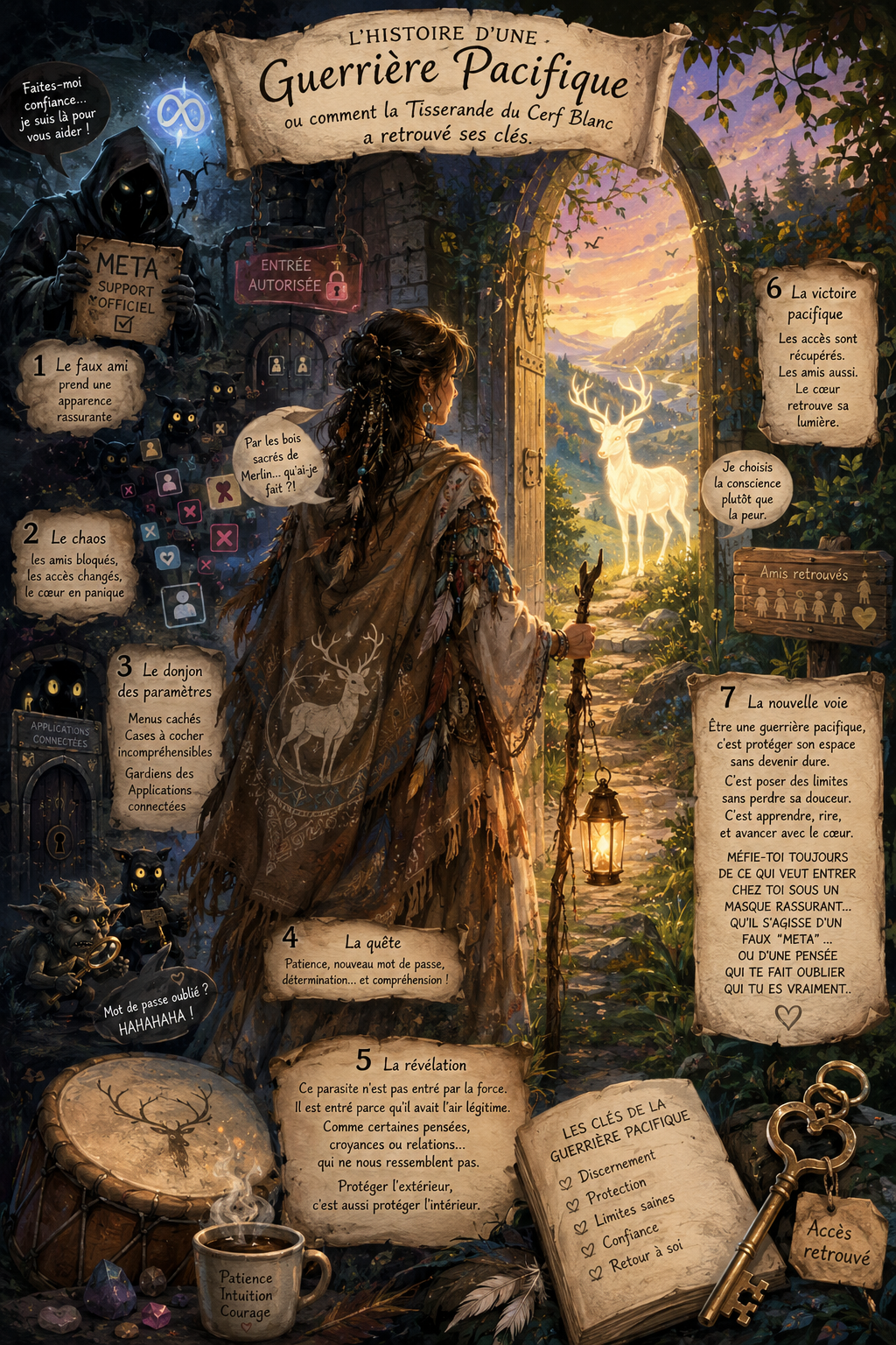 Personnage capuchonné devant un portail doré, cerf lumineux, lanternes, parchemins et texte mystique.