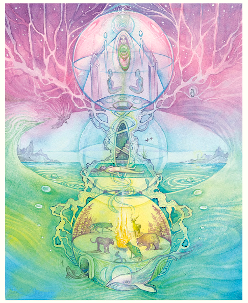 Illustration surréaliste : un personnage médite dans une sphère, entouré d’animaux, d’eau et de motifs mystiques.