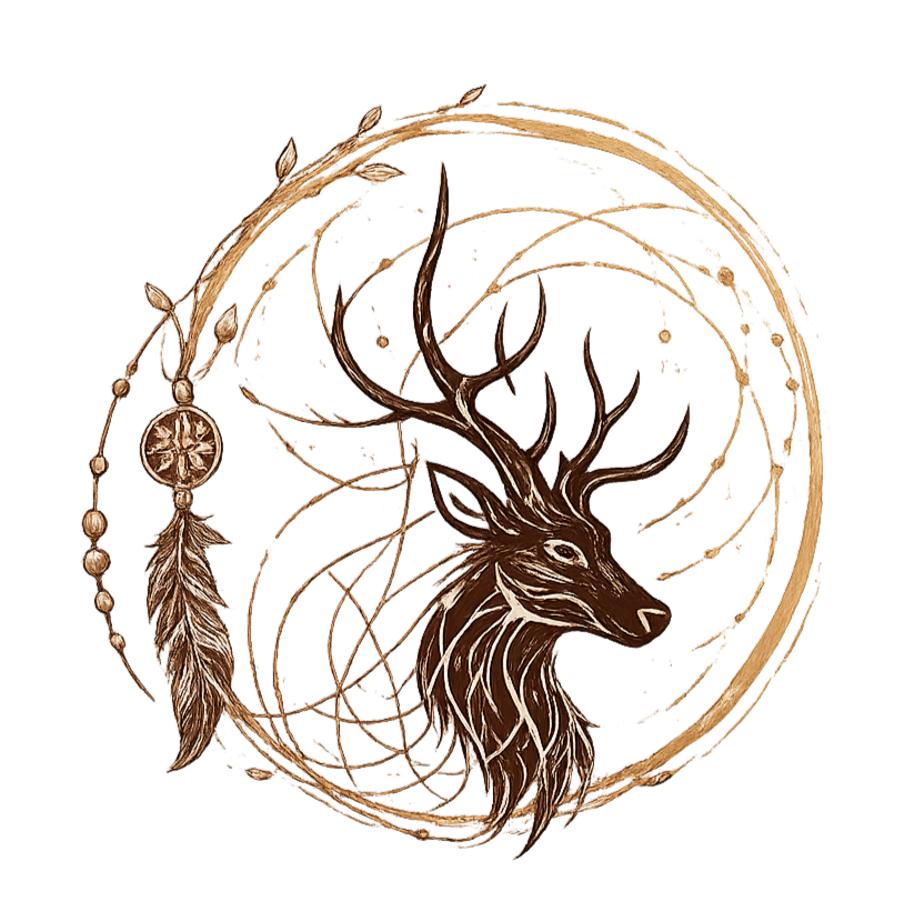 Tête de cerf stylisée en noir et blanc, motifs tribaux.
