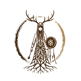 Cerf stylisé et femme en robe noire, symbole runique sur un médaillon, fond blanc.