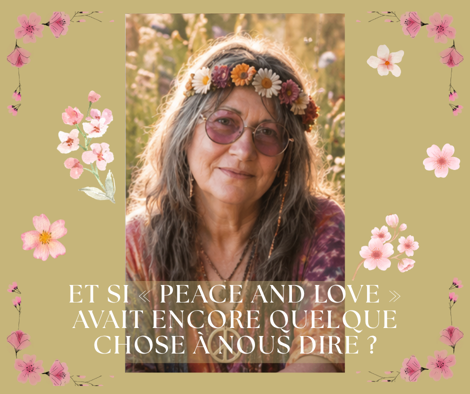Portrait d’une femme souriante avec couronne de fleurs, lunettes rondes, fond jardin, décor floral rose.