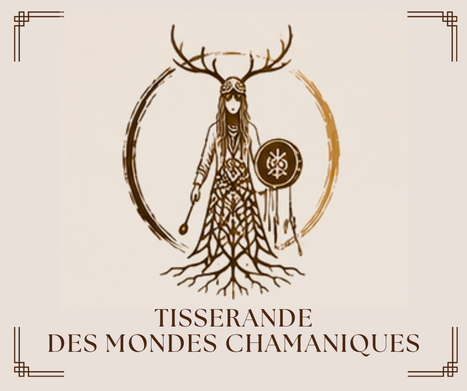 Personnage capuchonné devant un portail doré, cerf lumineux, lanternes, parchemins et texte mystique.