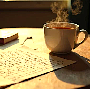 Livre ouvert avec texte manuscrit, tasse fumante et lumière chaude sur une table, ambiance calme.
